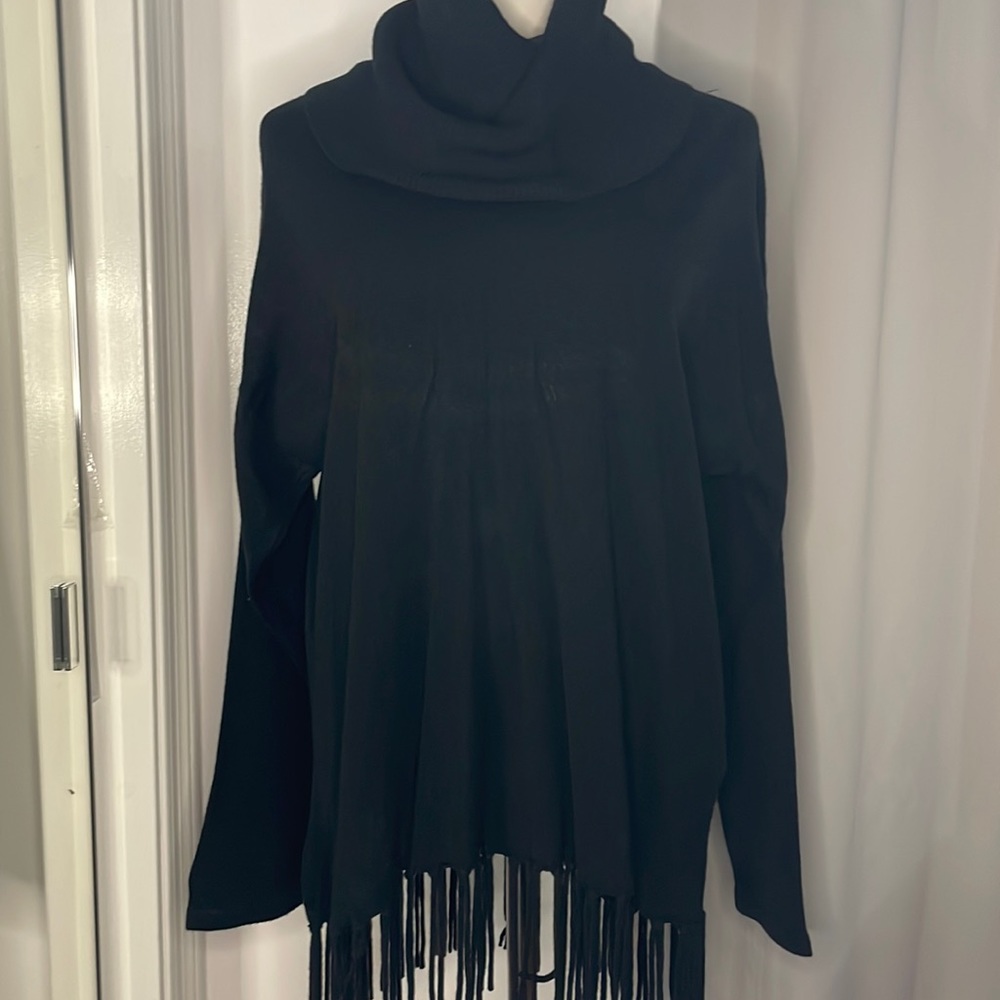 Fringe Black long sleeve cowl/turtle neck sweater Size 2X Larry Levine